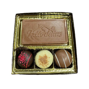 Box of chocolates with chocolate Kellerhaus Card and 3 chocolate truffles