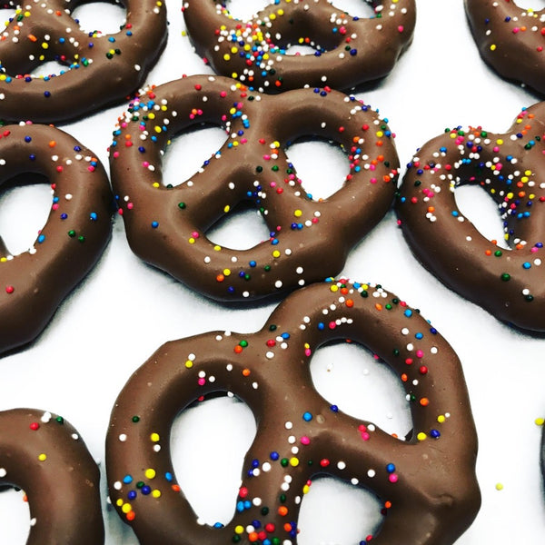 Large Chocolate Covered Pretzels with rainbow nonpareils