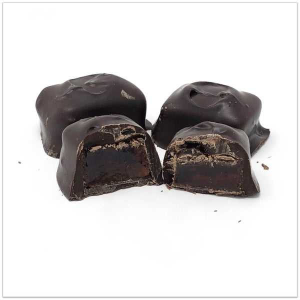 Dark Chocolate covered orange jelly cut in half.