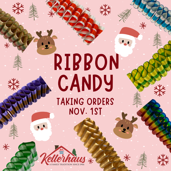 Sign with ribbon candy and Christmas theme notifying customers we start taking orders for ribbon candy on Nov 1st.