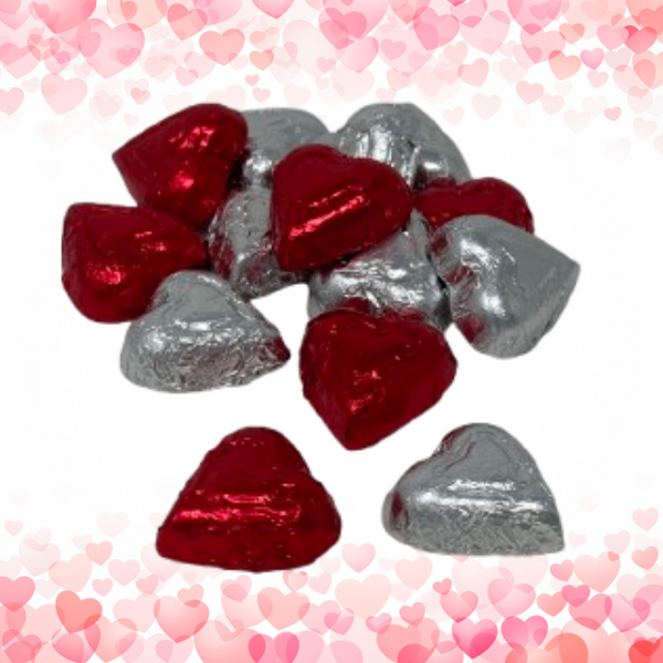 Milk chocolate molded hearts shapes covered in Red and Silver foil wrappers