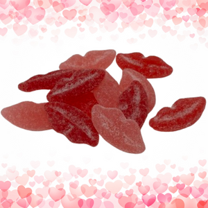 Red and Pink lip shaped gummy candy sanded with sour sugar. 