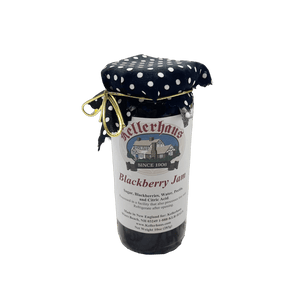 Blackberry Jam ten ounce jar with cloth covering lid and gold bow