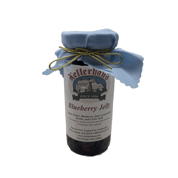 Blueberry Jelly ten ounce jar with cloth covering lid and gold bow