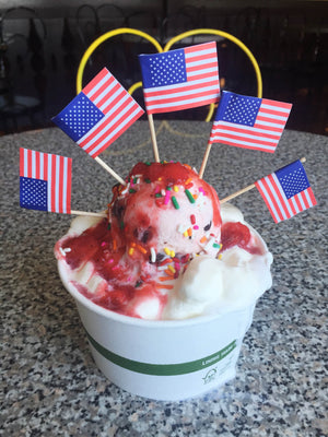 Kellerhaus Ice Cream Sunday in a cup with 5 American flags