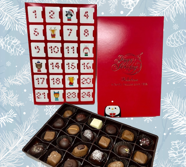 Kellerhaus Advent Calendar box front and back with tray of assorted chocolates that are inside the box.