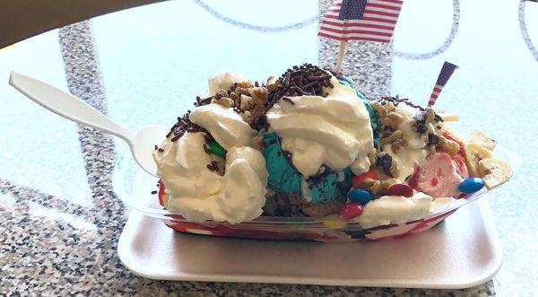 Kellerhaus Ice Cream Sundae with toppings and American flag