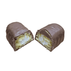 Milk chocolate covered Twinkie cut in two pieces