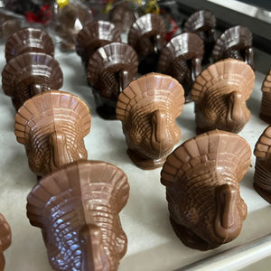 Tray full of many milk and dark chocolate mini turkeys