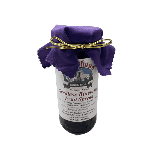 No sugar added seedless blueberry fruit spread ten ounce jar with cloth covering lid and gold bow
