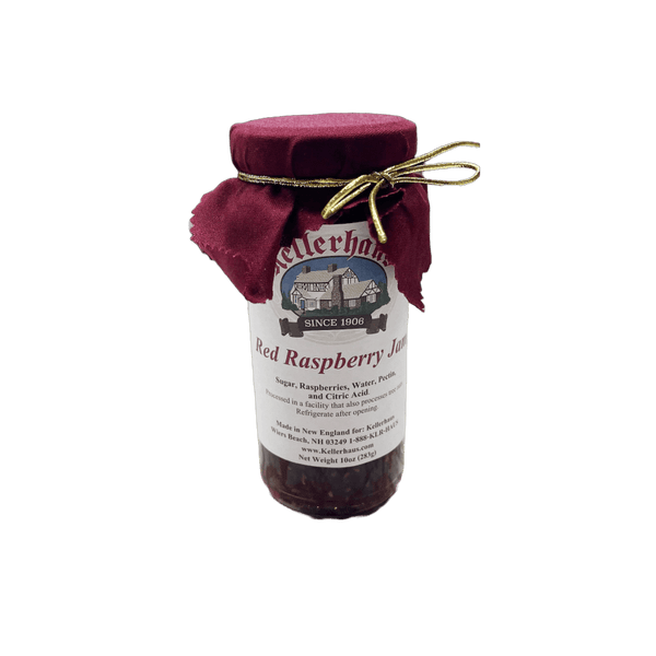 Red raspberry jam ten ounce jar with cloth covering lid and gold bow