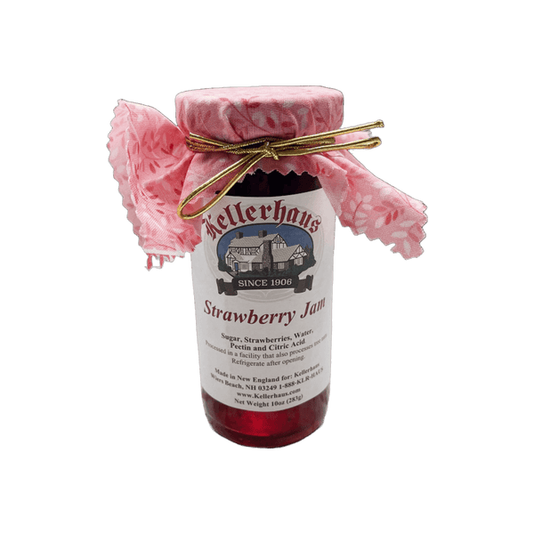 Strawberry jam ten ounce jar with cloth covering lid and gold bow
