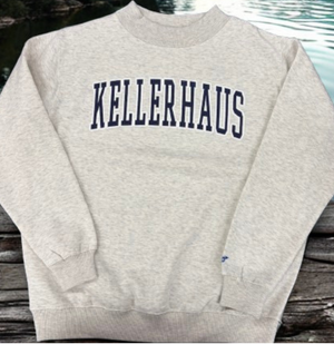 Oatmeal colored sweatshirt with Kellerhaus in bold navy letters