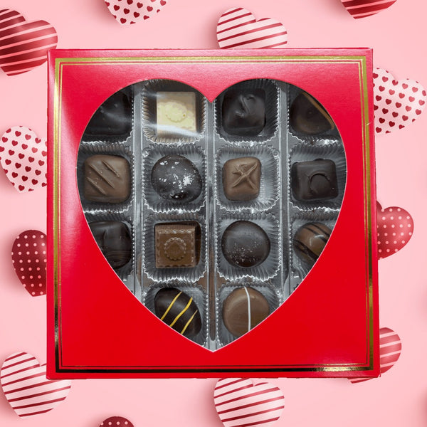 Red 16 piece assorted chocolate box with heart shaped window.