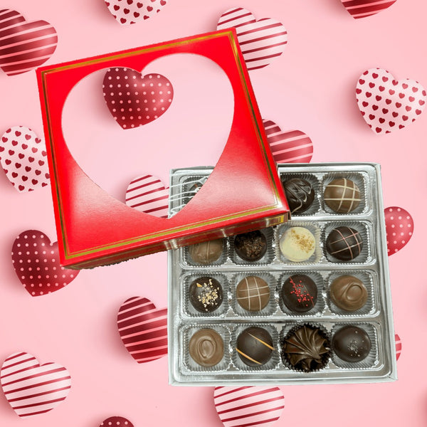 Red 16 piece assorted truffle box with heart shaped window.