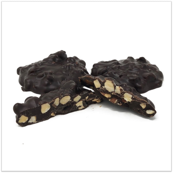 dark chocolate almond cluster cut in half