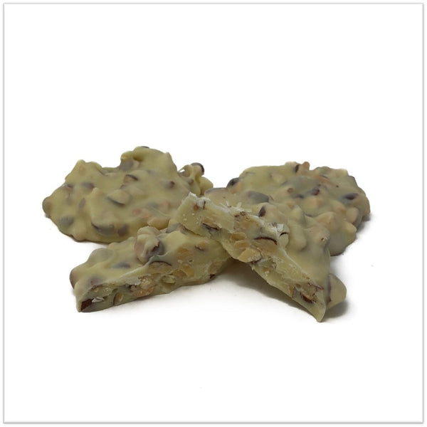 White chocolate almond cluster cut in half