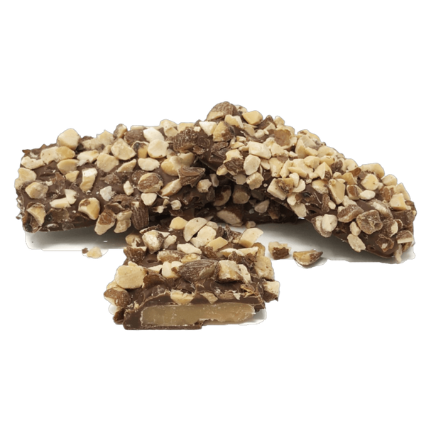 Three pieces of Kellerhaus buttercrunch with toffee chocolate and chopped almonds