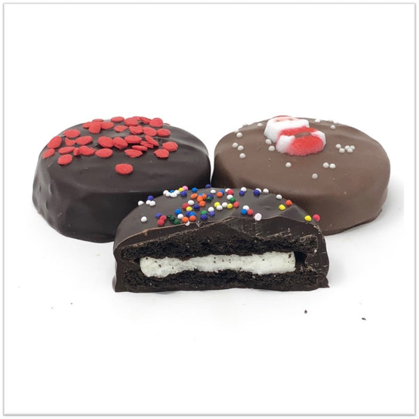 Chocolate Covered Oreos with nonpareils on top